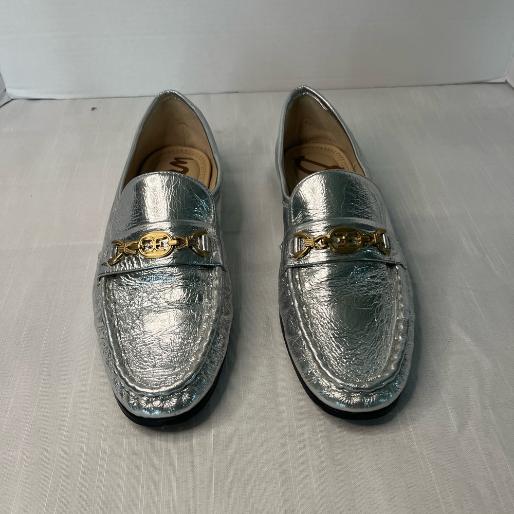Sam Edelman Metallic Silver Leather Loafers with Gold Hardware - Picture 2 of 7
